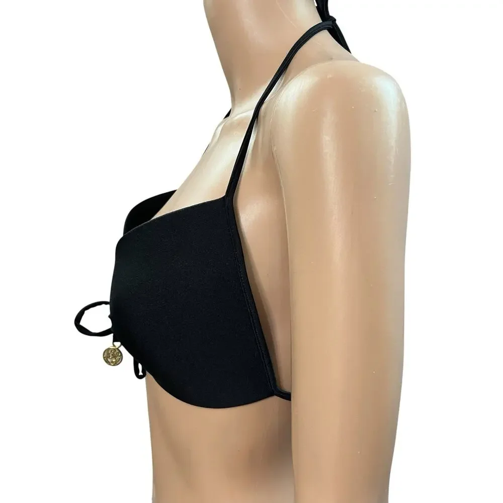 Luli Fama Cosita Buena Push Up Padded Bikini Top Large Black Halter Tie Front